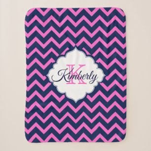 Mit Monogramm Navy-Blue und Pink Zickzack Sherpadecke