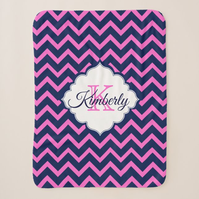 Mit Monogramm Navy-Blue und Pink Zickzack Sherpadecke (Vorderseite)