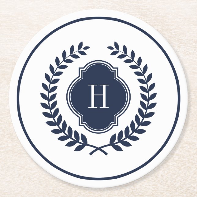 Mit Monogramm Navy-Blue-Wappen-Kranz-Rahmen Runder Pappuntersetzer (Vorderseite)