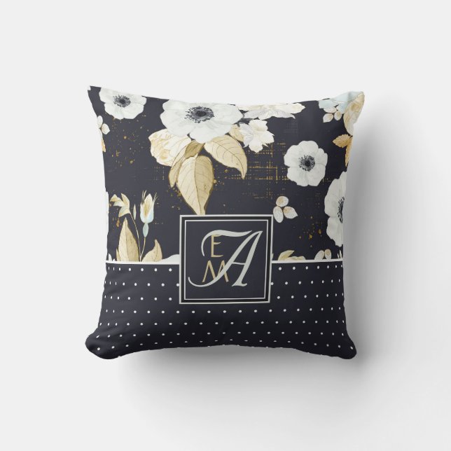 Mit Monogramm Navy Blue White ANEMONE Blumendekor Kissen (Vorderseite)