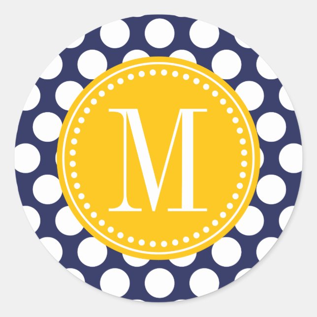 Mit Monogramm Navy & Yellow Green Big Polka Dots Runder Aufkleber (Vorderseite)