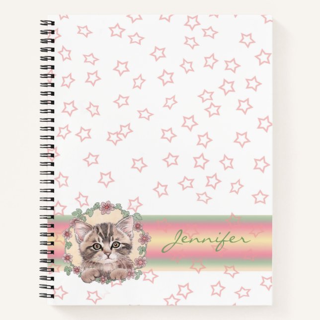 Mit Monogramm Niedliche Kitten Floral Pink Star Notizbuch (Vorderseite)