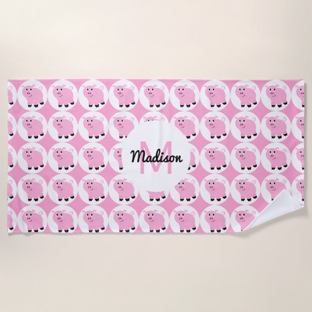 Mit Monogramm Niedliche Pink Pig Pattern Girls Strandtuch (Vorderseite)