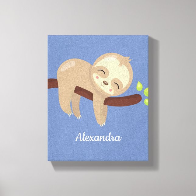 Mit Monogramm Niedliches Baby-Sloth auf Tree-Kinde Leinwanddruck (Vorderseite)