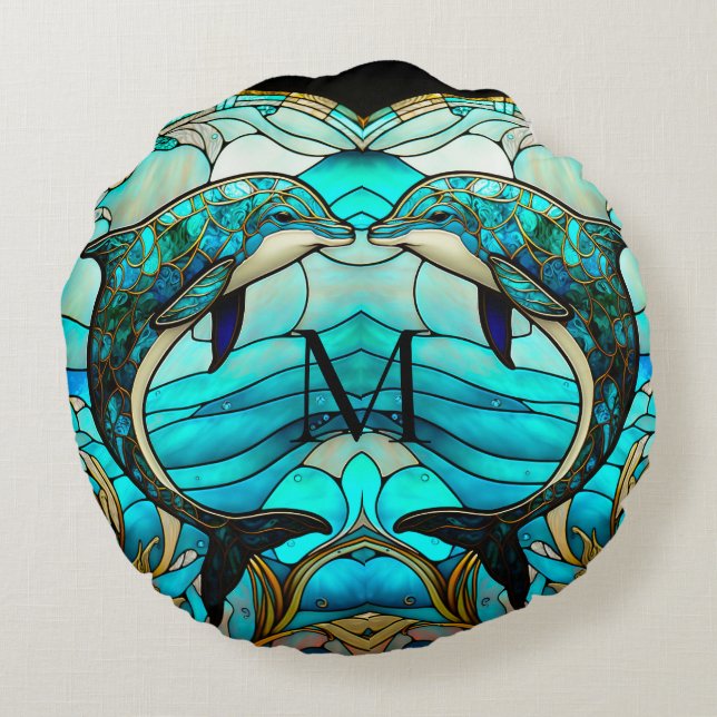 Mit Monogramm Ocean Beach House Blue Dolphin Mosai Rundes Kissen (Rückseite)