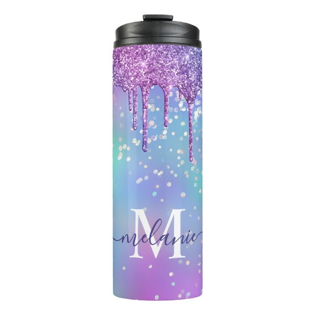 Mit Monogramm Ombre Rainbow Glitzer Tropfen Thermosbecher (Vorderseite)