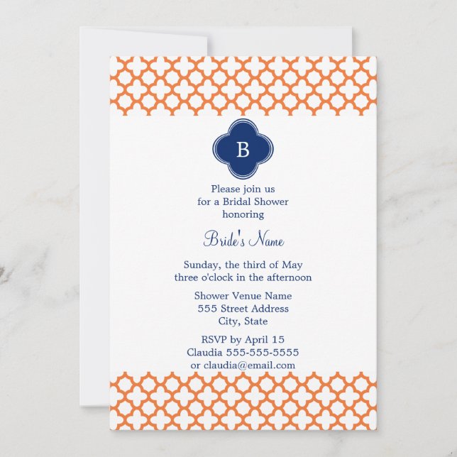 Mit Monogramm Orange , Royal Blue Quatrefoil Brida Einladung (Vorderseite)