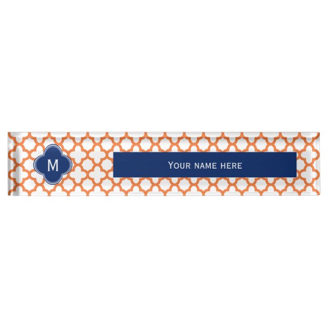 Mit Monogramm Orange und Royal Blue Quatrefoil Namensplakette (Vorderseite)