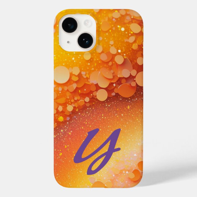 Mit Monogramm orangefarbener Glitzer Case-Mate iPhone 14 Hülle (Rückseite)