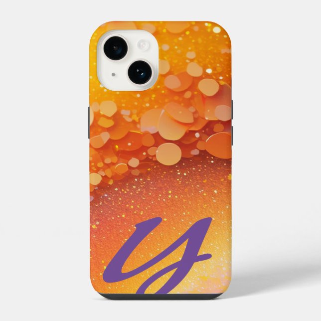 Mit Monogramm orangefarbener Glitzer iPhone 14 Hülle (Rückseite)
