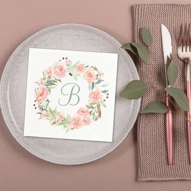 Mit Monogramm Pastell Rosa Blume Kranz Serviette (In situ Wedding reception)