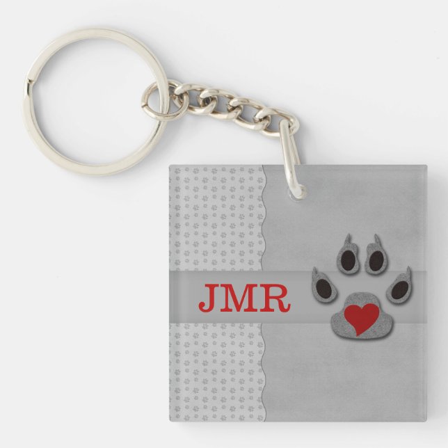 Mit Monogramm Paw Print und Rotes Herz Schlüsselanhänger (Vorderseite)