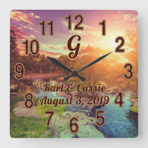 Mit Monogramm Personalisierte Uhr, rustikale Hochz Quadratische Wanduhr