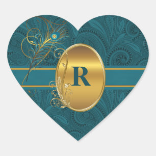 Mit Monogramm Pfauenhochzeit Aquamarin Herz-Aufkleber