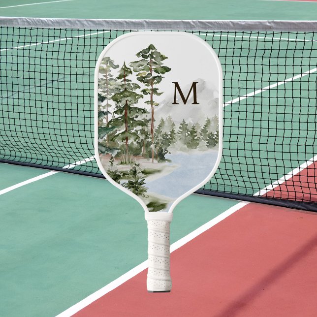 Mit Monogramm Pinienwald und See Pickleball Schläger (In situ)