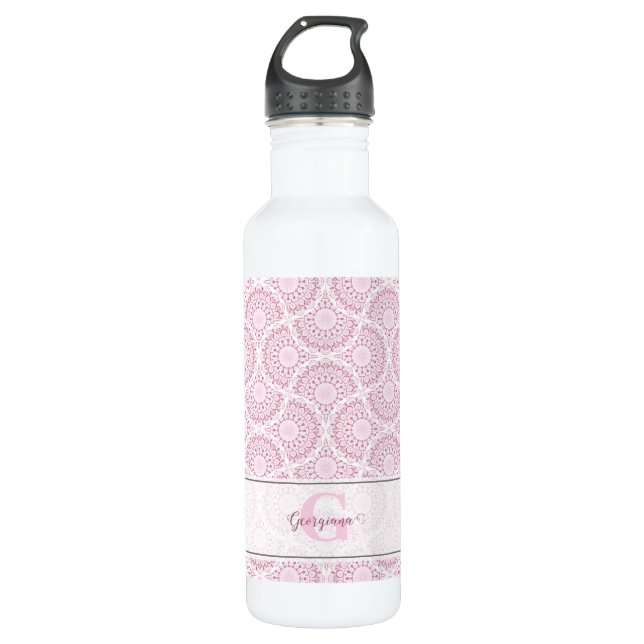 Mit Monogramm Pink Art Deco Confetti Lace Mandala Edelstahlflasche (Vorderseite)