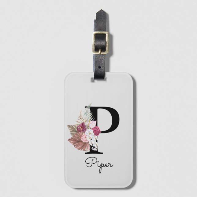 Mit Monogramm Pink Boho Floral Initial Gepäckanhänger (Vorderseite Vertikal)
