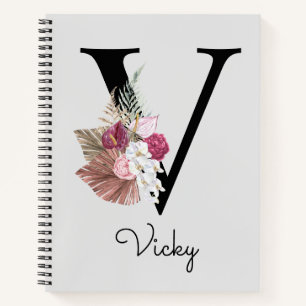 Mit Monogramm Pink Boho Floral Initial V Notizbuch