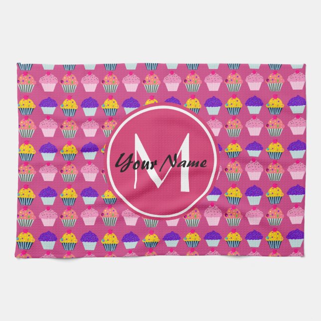 Mit Monogramm Pink Cupcakes, Personalisierter Name Handtuch (Horizontal)