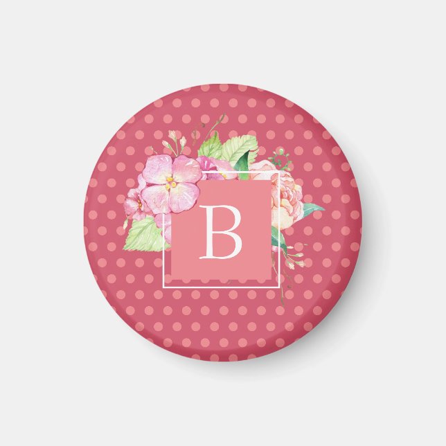 Mit Monogramm Pink Dots und Pink Coral Floral Magnet (Vorne)