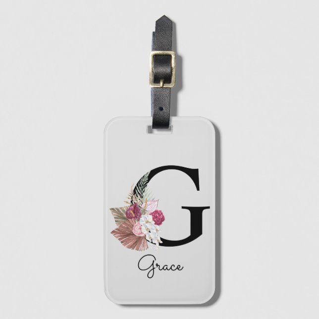 Mit Monogramm Pink Floral Initial G Gepäckanhänger (Vorderseite Vertikal)