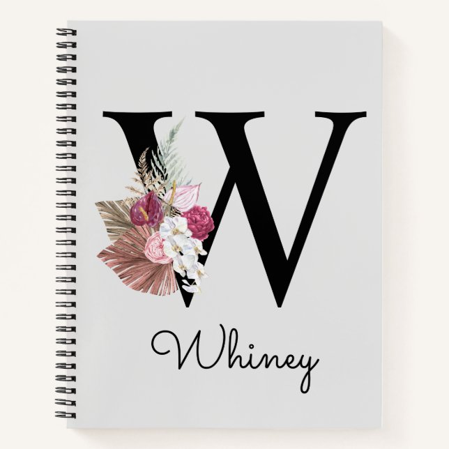 Mit Monogramm Pink Floral Initial W Notizbuch (Vorderseite)