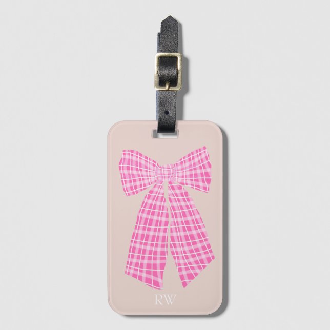 Mit Monogramm Pink Gingham Romantischer Coquette B Gepäckanhänger (Vorderseite Vertikal)