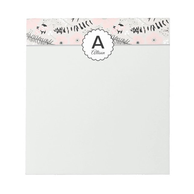 Mit Monogramm Pink Grau Schwarz Gemusterte Blume Notizblock (Vorderseite)