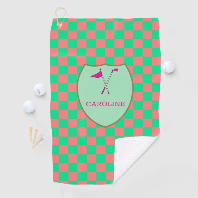 Mit Monogramm Pink Green Karos & Golf Club & Flag  Golfhandtuch (Insitu)