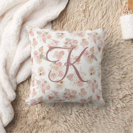 Mit Monogramm Pink Green Tan Floral Botanisch Kissen
