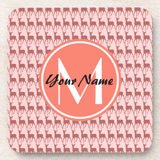 Mit Monogramm Pink Lachs Hirsch, Personalisierter  Getränkeuntersetzer (Vorderseite)