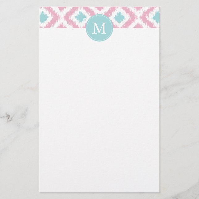 Mit Monogramm Pink Minze Diamonds Ikat-Muster Briefpapier (Vorderseite)