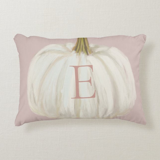Mit Monogramm Pink und White Fall Pumpkin Dekokissen (Vorderseite)