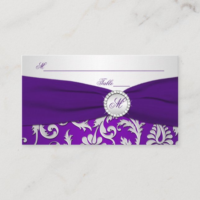 Mit Monogramm Platzkarten für Lila und SilberDamas (Vorderseite)