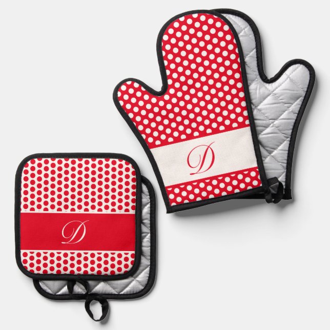 Mit Monogramm Polka-Dot rot-weiß Ofenhandschuh & Topflappen-Set (Vorderseite/Rückseite)