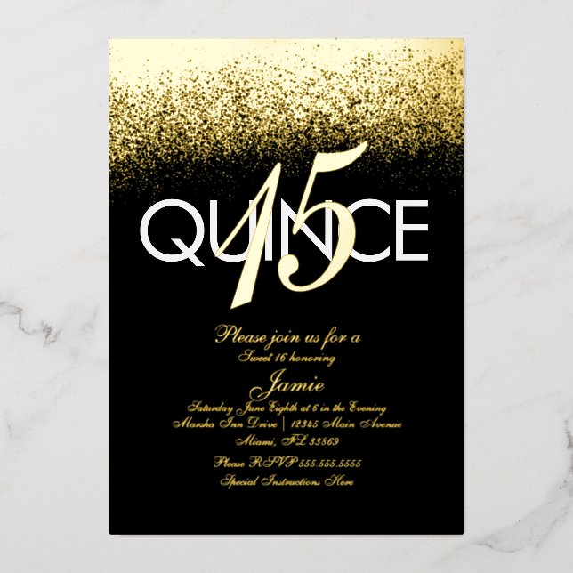 Mit Monogramm Quince-Glitzer-Gold Folieneinladung (Vorderseite)