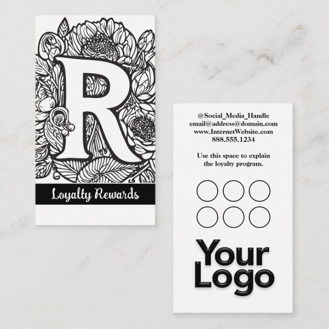 Mit Monogramm R Floral Black and White Company Log Visitenkarte (Vorne/Hinten)