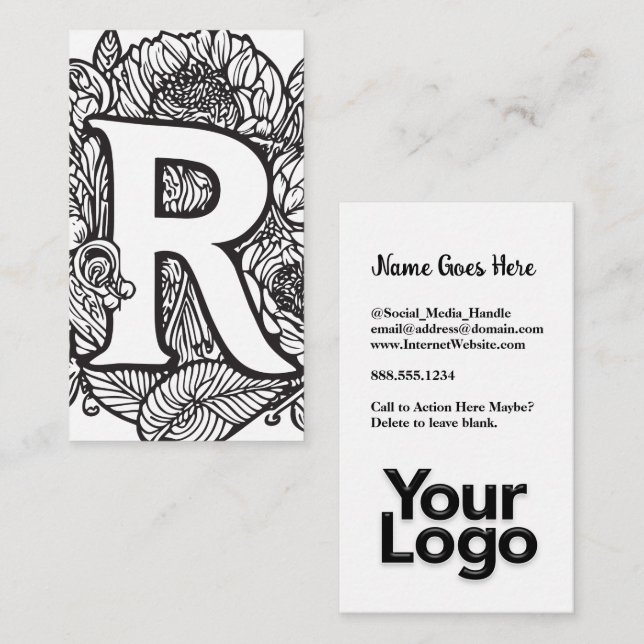 Mit Monogramm R Floral Black and White Company Log Visitenkarte (Vorne/Hinten)