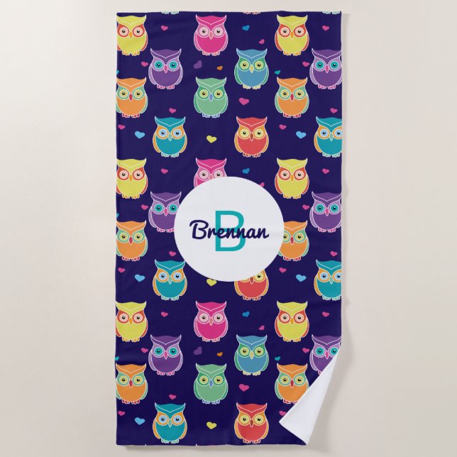 Mit Monogramm Rainbow Blue Owl Pattern Girls Strandtuch (Vorderseite)