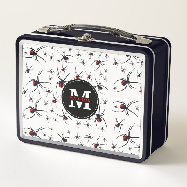 Mit Monogramm Red & Black Spider Muster Metall Brotdose (Vorderseite)