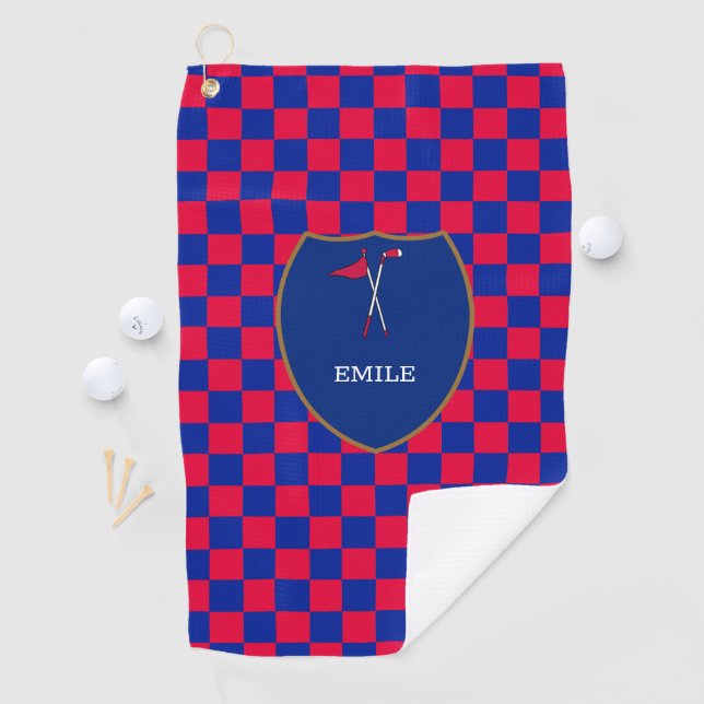 Mit Monogramm Red Blue Karos & Golf Club & Flag Go Golfhandtuch (Insitu)