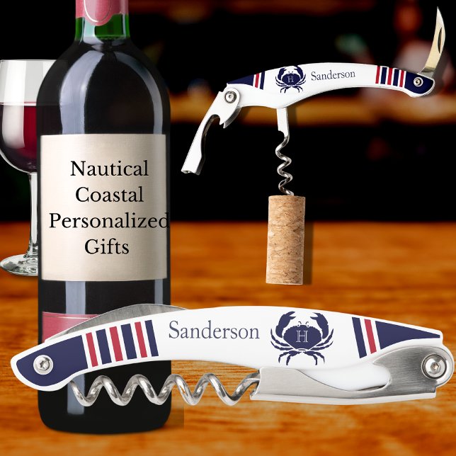 Mit Monogramm Red Navy Blue White Crab Nautic Kellnermesser (Von Creator hochgeladen)