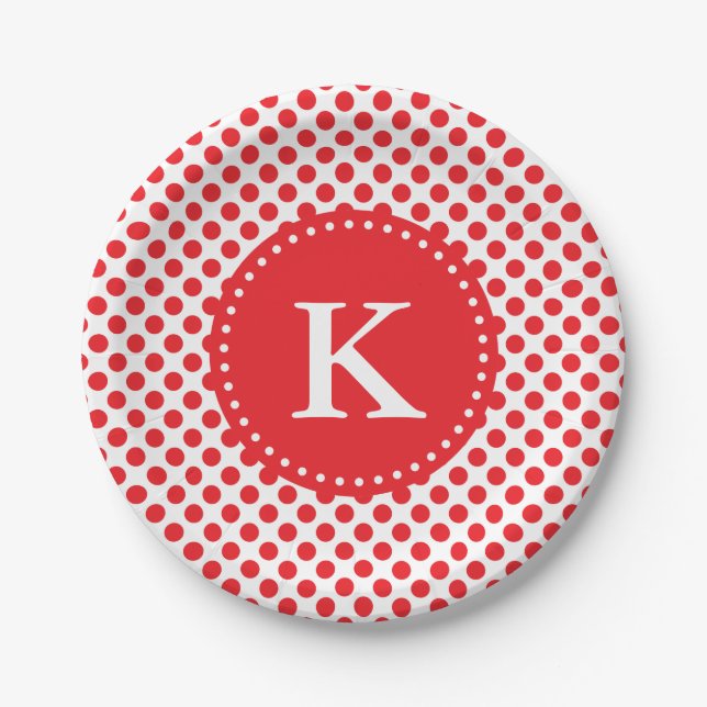 Mit Monogramm Red on White Polka Dot Pappteller (Vorderseite)