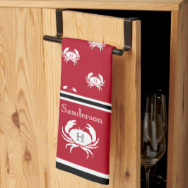 Mit Monogramm Red Schwarz-weiß Crab Nautical Schür Geschirrtuch