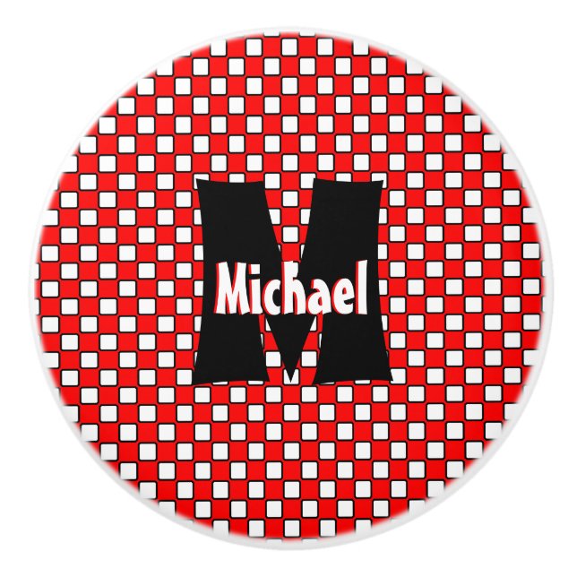 Mit Monogramm Red White Black Checkerboard Keramikknauf (Vorderseite)