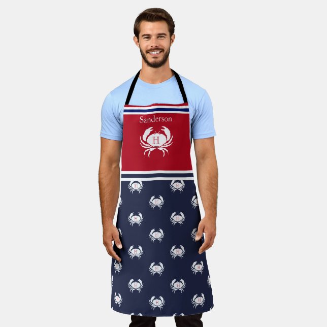 Mit Monogramm Red White Navy Blue Crab Nautic Apro Schürze (Getragen)