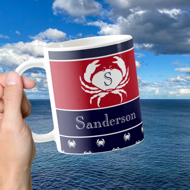 Mit Monogramm Red White Navy Blue Crab Nautic Kaffeetasse (Von Creator hochgeladen)