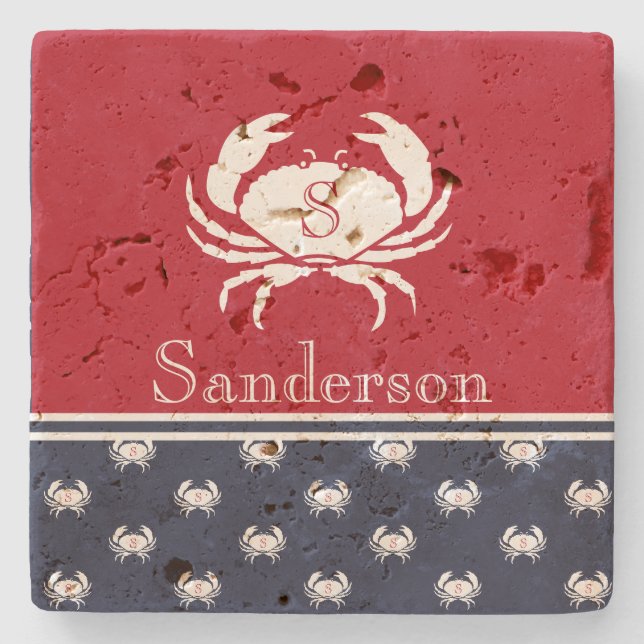 Mit Monogramm Red White Navy Blue Crab Nautical Sq Steinuntersetzer (Vorderseite)