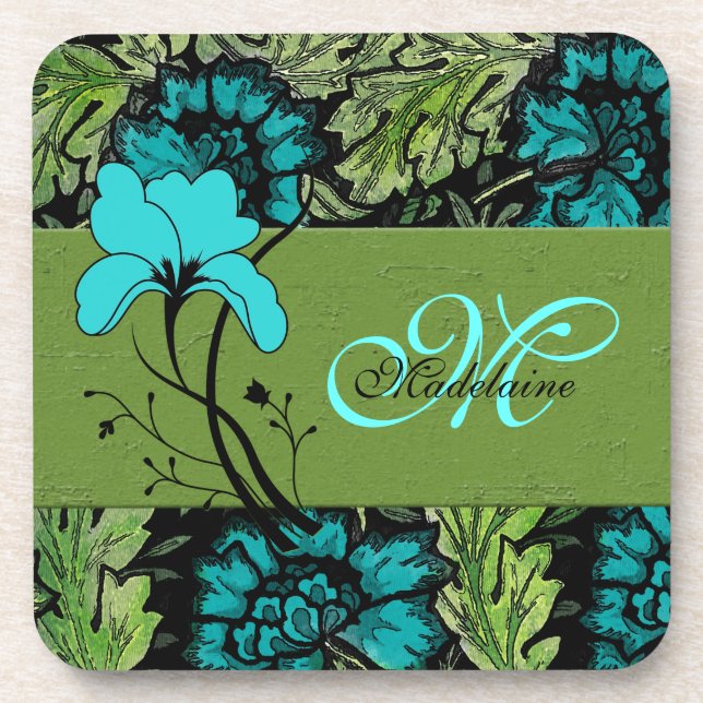 Mit Monogramm Retro-Blumengrün und Türkisblau Untersetzer (Vorderseite)
