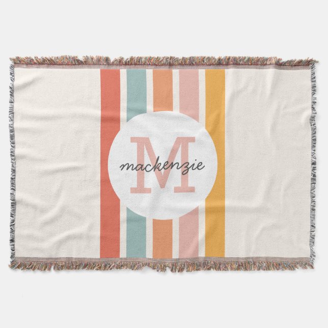 Mit Monogramm Retro Farbige Streifen Personalisier Decke (Vorderseite)